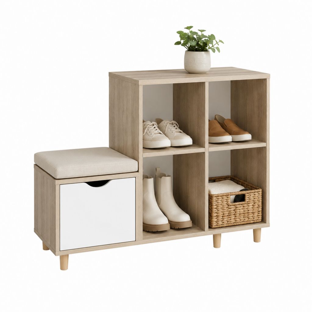 Schuhschrank mit Sitzbank Eichenoptik Weiß Spanplatte rechteckig 105 x 35 x 90 cm