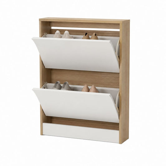 Schuhschrank mit 2 Klappen Weiß und Eiche-Optik aus melaminharzbeschichteter Spanplatte 63 x 24 x 81 cm