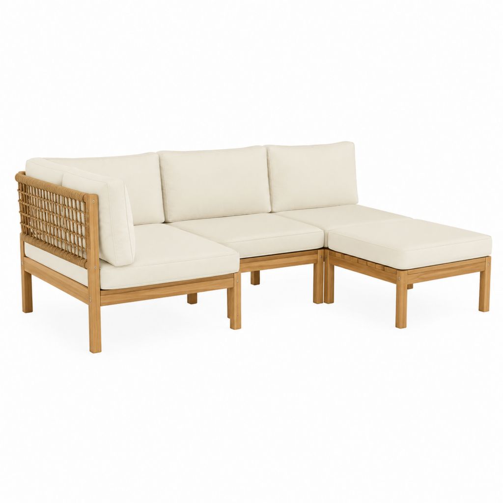 Gartensofa Loungeecke 3-teilig Creme Massives Akazienholz Seilgeflecht L-Form 210 x 140 x 70 cm