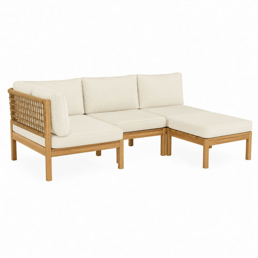 Gartensofa Loungeecke 3-teilig Creme Massives Akazienholz Seilgeflecht L-Form 210 x 140 x 70 cm